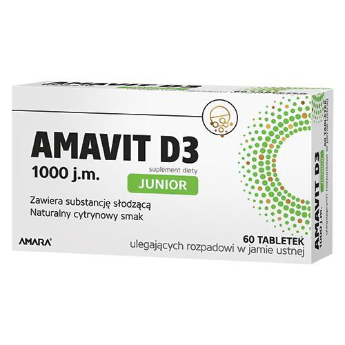 Miniaturka artykułu - AMAVIT D3 Junior 1000 j.m., 60 tabletek ulegających rozpadowi w jamie ustnej   KRÓTKA DATA 30.09.2025