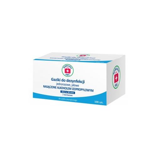 Miniaturka artykułu - Apteczka ABC Gaziki do dezynfekcji jednorazowe, jałowe nasączone alkoholem izopropylowym 32,5 x 30mm, 100szt.