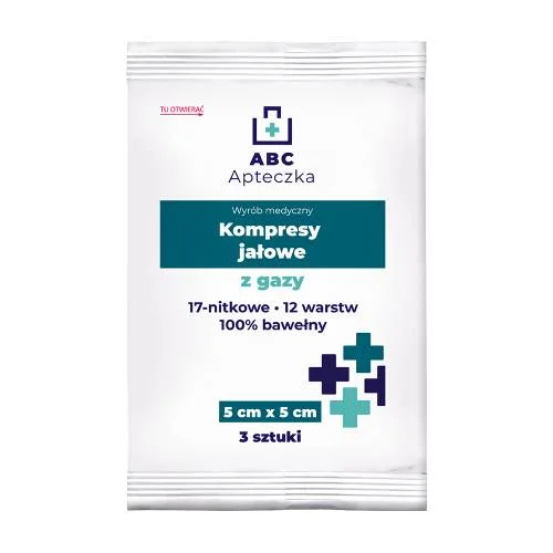 Miniaturka artykułu - Apteczka ABC Kompresy jałowe z gazy 17 nitkowe 12 warstwowe 5 x 5 cm, 3 szt.