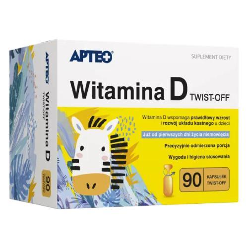 Miniaturka artykułu - APTEO Witamina D twist-off, 90 kaps. KR&Oacute;TKA DATA 31.08.2026
