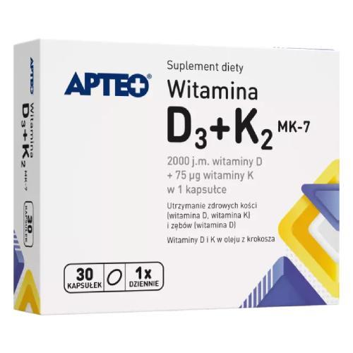 Miniaturka artykułu - APTEO Witamina D3+K2 MK-7, 30 kaps. KR&Oacute;TKA DATA 31.10.2026