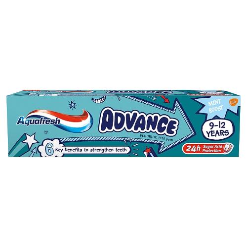 Miniaturka artykułu - Aquafresh Advance Pasta do zęb&oacute;w stałych dla dzieci 9-12 lat z fluorkiem, 75 ml