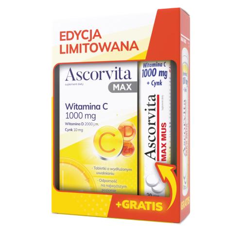 Miniaturka artykułu - Ascorvita Max Zestaw witamina C 1000mg, 30tabl. + Ascorvita Max Mus, 20tabl.