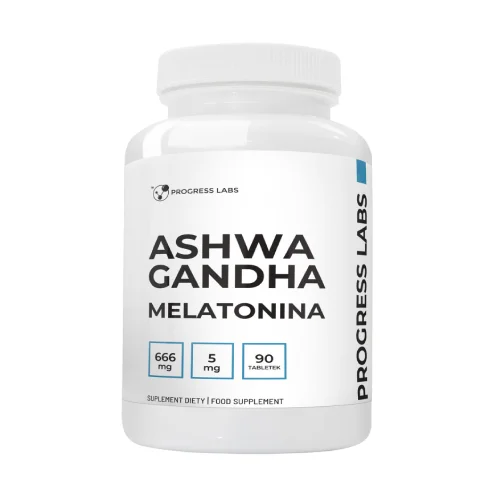 Miniaturka artykułu - Progress Labs Ashwagandha 666 mg + Melatonina 5 mg, 90 tabl.