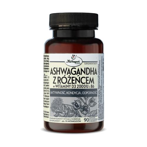 Miniaturka artykułu - Ashwagandha z r&oacute;żeńcem + witaminy D3 2000 IU i B6, 90 kaps.