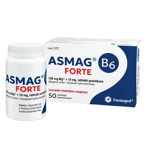 Miniaturka artykułu - Asmag B6 Forte 100 mg + 10 mg, 50 tabletek powlekanych