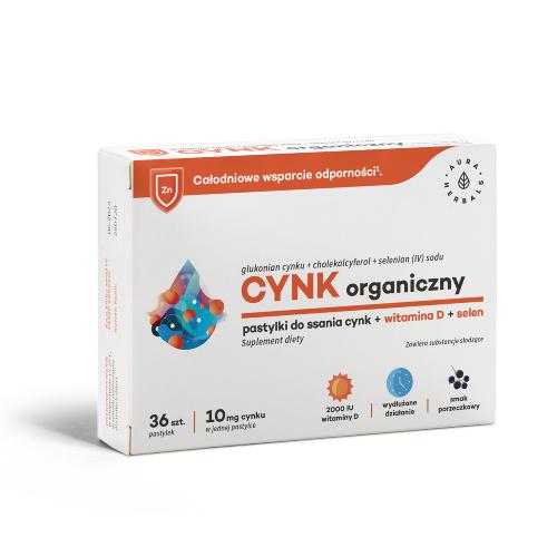 AURA HERBALS Cynk organiczny (10 mg) + witamina D3 + selen, 36past.