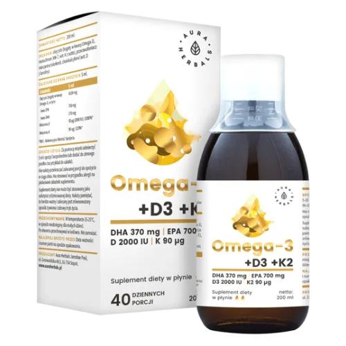 Miniaturka artykułu - AURA HERBALS Omega-3 (370 DHA) + D3 (2000IU) + K2MK7 - płyn 200 ml
