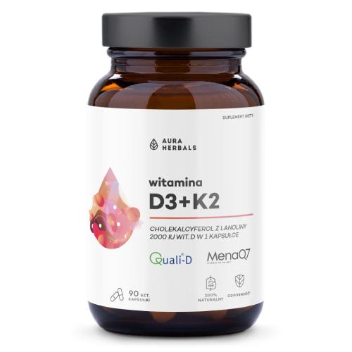 Miniaturka artykułu - AURA HERBALS Witamina D3 2000 IU+ K2, 90 kaps.