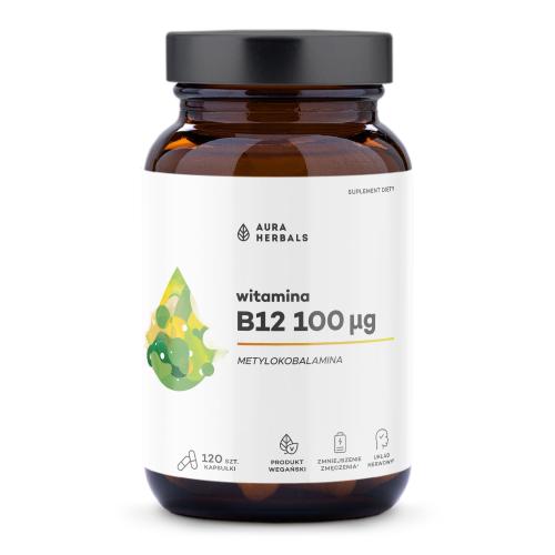 Miniaturka artykułu - Aura Herbals Witamina B12 100 &micro;g metylokobalamina, 120 kaps.