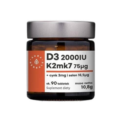 Miniaturka artykułu - Aura Herbals Witamina D3 2000IU + K2mk7 + Cynk + Selen - 90 tabletek