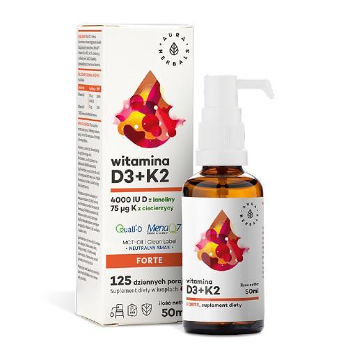 Miniaturka artykułu - AURA HERBALS Witamina D3 4000+ K2 krople, 50ml USZKODZONE OPAKOWANIE TEKTUROWE