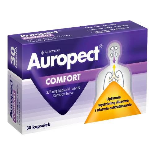 Miniaturka artykułu - Auropect Comfort 375 mg, Lek wykrztuśny, na mokry kaszel 30 kapsułek