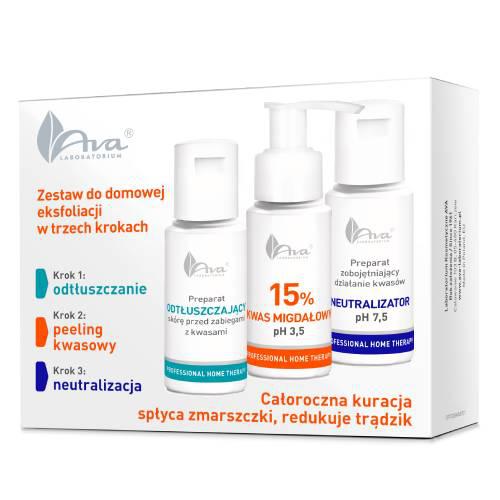 AVA Zestaw do domowej eksfoliacji Preparat odtłuszczający, 50ml + Kwas migdałowy 15%, 50ml + Neutralizator, 50ml