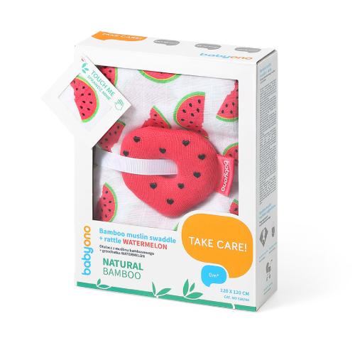 Miniaturka artykułu - BABYONO Otulacz z muślinu bambusowego + grzechotka (arbuz), 1szt.