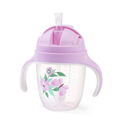 Miniaturka artykułu - BabyOno Kubek niekapek z obciążoną słomką r&oacute;żowy - motylek, 240ml 1464/05