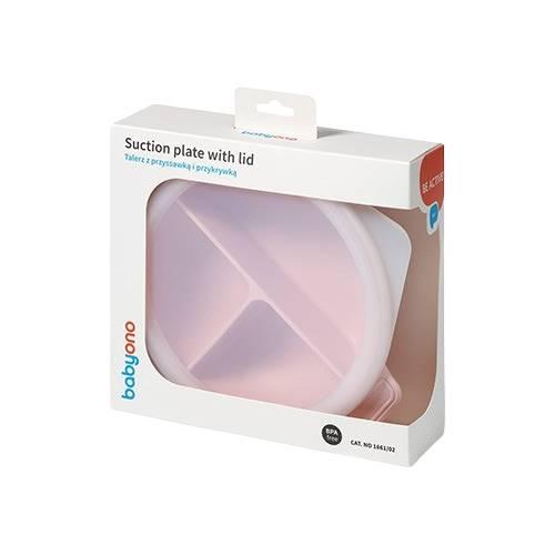 Zdjęcie produktu - BabyOno Silikonowy talerz z przyssawką i przykrywką r&oacute;żowym, 1 szt.