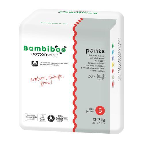 Miniaturka artykułu - Bambiboo Cottonwear Jednorazowe pieluchomajtki z bawełną organiczną, rozmiar 5 Junior (12-17kg), 20 szt. BRAK ZBIORCZEGO OPAKOWANIA