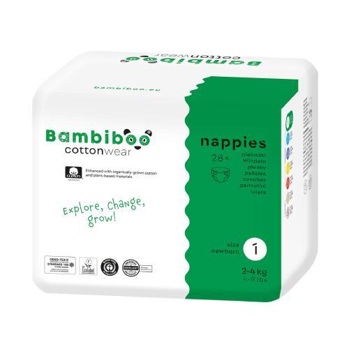 Bambiboo Cottonwear Jednorazowe pieluszki z bawełną organiczną, rozmiar 1 Newborn (2-4kg), 28 szt. USZKODZONE OPAKOWANIE PAPIEROWE