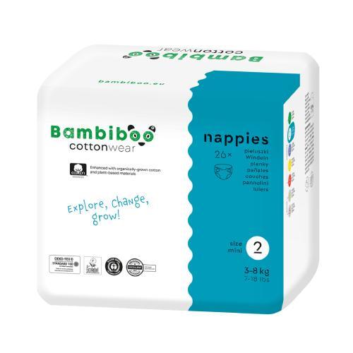 Miniaturka artykułu - Bambiboo Cottonwear Jednorazowe pieluszki z bawełną organiczną, rozmiar 2 Mini (3-8kg), 26 szt. USZKODZONE OPAKOWANIE PAPIEROWE