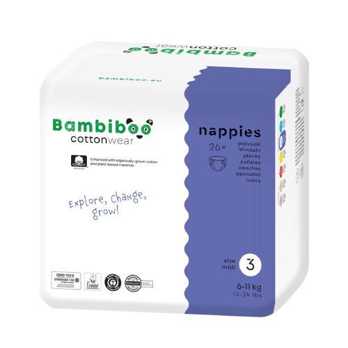 Miniaturka artykułu - Bambiboo Cottonwear Jednorazowe pieluszki z bawełną organiczną, rozmiar 3 Midi (6-11kg), 26 szt. USZKODZONE OPAKOWANIE ZBIORCZE