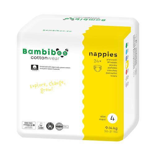 Miniaturka artykułu - Bambiboo Cottonwear Jednorazowe pieluszki z bawełną organiczną, rozmiar 4 Maxi (9-14kg), 24 szt. USZKODZONE OPAKOWANIE ZBIORCZE