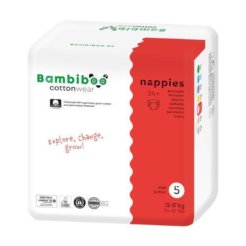 Miniaturka artykułu - Bambiboo Cottonwear Jednorazowe pieluszki z bawełną organiczną, rozmiar 5 Junior (12-17kg), 24 szt. USZKODZONE PAPIEROWE OPAKOWANIE