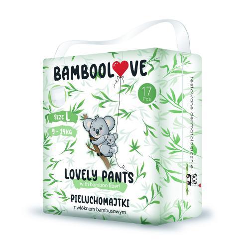 Miniaturka artykułu - BAMBOOLOVE Lovely Pants Pieluchomajtki z wł&oacute;knem bambusowym L (9-14 kg), 17szt. KR&Oacute;TKA DATA 20.09.2026