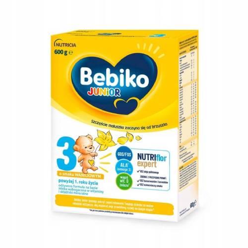 Miniaturka artykułu - Bebiko Junior 3 NUTRIflor Expert Odżywcza formuła na bazie mleka dla dzieci powyżej 1. roku o smaku waniliowym, 600g USZKODZONE OPAKOWANIE