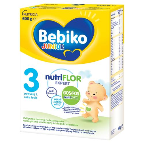 Miniaturka artykułu - Bebiko Junior 3 NUTRIflor Expert Odżywcza formuła na bazie mleka dla dzieci powyżej 1. roku życia, 600g USZKODZONE TEKTUROWE OPAKOWANIE 
