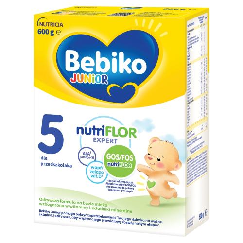 Miniaturka artykułu - Bebiko Junior 5 NUTRIflor Expert Odżywcza formuła na bazie mleka dla przedszkolaka, 600g USZKODZONE TEKTUROWE OPAKOWANIE 