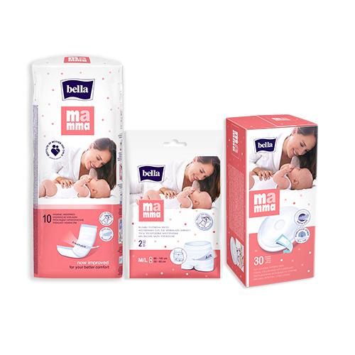 Miniaturka artykułu - Bella Mama - Zestaw wyprawka basic: BELLA MAMMA podkłady higieniczne, 10 sztuk + Wkładki laktacyjne  z przylepcem, 30szt. + Wielorazowe majtki poporodowe M/L, 2 sztuki