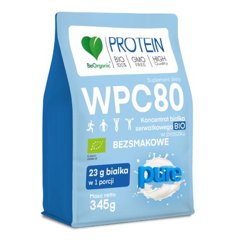 Miniaturka artykułu - BeOrganic WPC 80 Koncentrat białka serwatkowego BIO w proszku PURE Bezsmakowe, 345 g