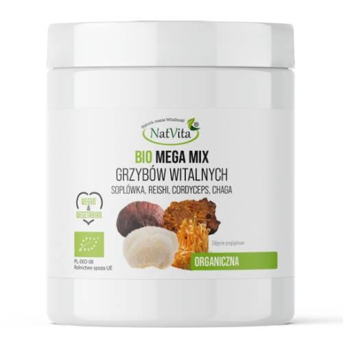 Miniaturka artykułu - NatVita Bio Mega Mix Grzyb&oacute;w witalnych (Sopl&oacute;wka, Reishi, Cordyceps, Chaga), 250 g