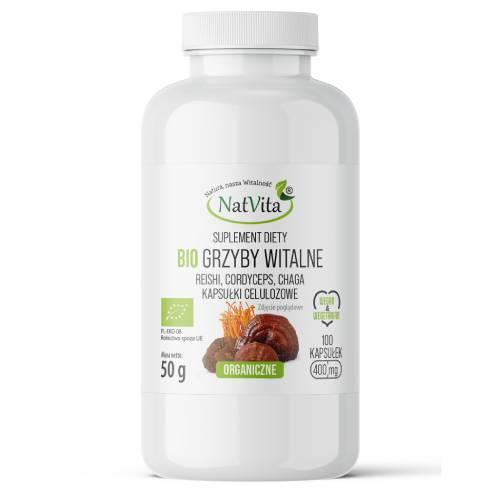 Miniaturka artykułu - Natvita Bio Grzyby Witalne (Reishi, Chaga, Cordyceps), 100 kaps.