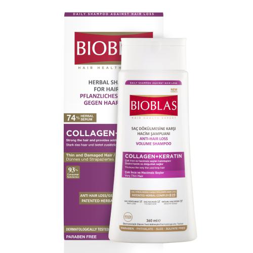 BIOBLAS Ziołowy szampon na wypadanie włosy cienkie i zniszczone Kolagen + Keratyna, 360ml
