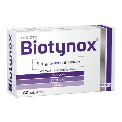 Miniaturka artykułu - Biotynox tabl. 5 mg - 60 tabletek  biotyna na wypadanie włos&oacute;w KR&Oacute;TKA DATA 31.10.2026