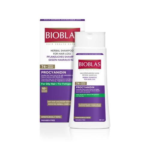 BIOBLAS Szampon ziołowy na wypadanie włos&oacute;w włosy przetłuszczające się Procyjanidyna, 360ml
