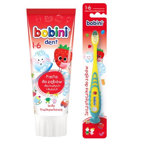 Miniaturka artykułu - Bobini Dent Pasta do zęb&oacute;w lody truskawkowe 1+, 75 ml + Szczoteczka do zęb&oacute;w miękka, 1 szt.