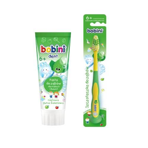 Miniaturka artykułu - Bobini Dent Pasta do zęb&oacute;w miętowa guma balonowa 6+, 75 ml + Szczoteczka do zęb&oacute;w miękka, 1 szt.