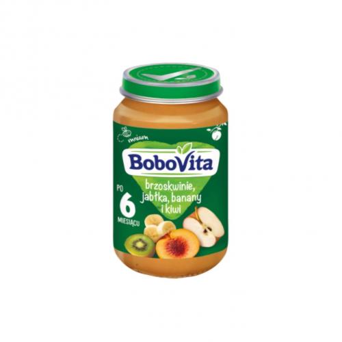 Miniaturka artykułu - BoboVita Brzoskwinie jabłka banany i kiwi po 6 miesiącu, 190 g