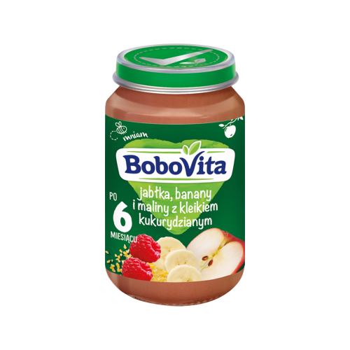 Miniaturka artykułu - BoboVita Jabłka banany i maliny z kleikiem kukurydzianym po 6 miesiącu, 190 g