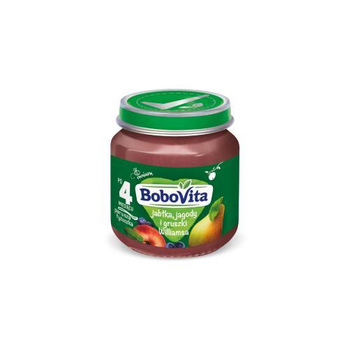 Miniaturka artykułu - BoboVita Jabłka jagody i gruszki Williamsa po 4 miesiącu, 125 g  KR&Oacute;TKA DATA 14.07.2026