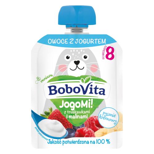 Miniaturka artykułu - BoboVita JogoMi! Owoce z jogurtem z truskawkami i malinami po 8 miesiącu, 80 g