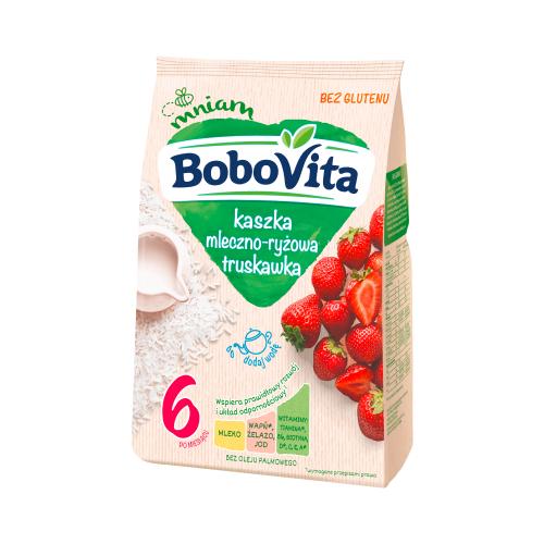 Miniaturka artykułu - BoboVita Kaszka mleczno-ryżowa truskawka bezglutenowa po 6 miesiącu, 230 g
