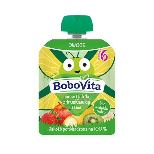 Miniaturka artykułu - BoboVita Mus banan, jabłko, truskawki, kiwi, 80 g