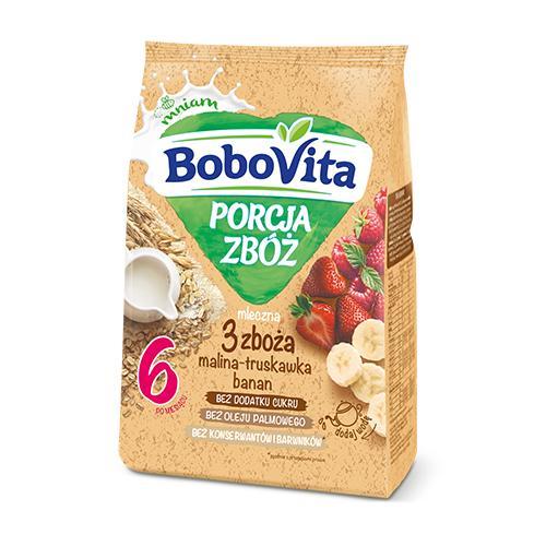 Miniaturka artykułu - BoboVita Porcja zb&oacute;ż Kaszka mleczna 3 zboża malina-truskawka-banan po 6 miesiącu, 210 g KR&Oacute;TKA DATA 15.10.2026