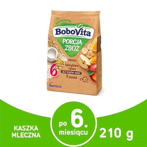 Miniaturka artykułu - BoboVita Porcja Zb&oacute;ż Kaszka mleczna kukurydziano- ryżowa 3 owoce - 210 g (25763)