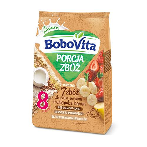 Miniaturka artykułu - BoboVita Porcja zb&oacute;ż Kaszka mleczna 7 zb&oacute;ż zbożowo-owsiana truskawka-banan po 8 miesiącu, 210 g