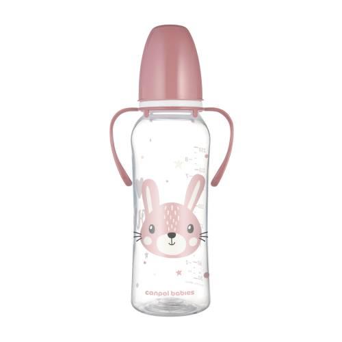 Miniaturka artykułu - CANPOL BABIES Butelka standardowa wąska z uchwytami CUTE ANIMALS r&oacute;żowa 12m+ 250ml 11/845
